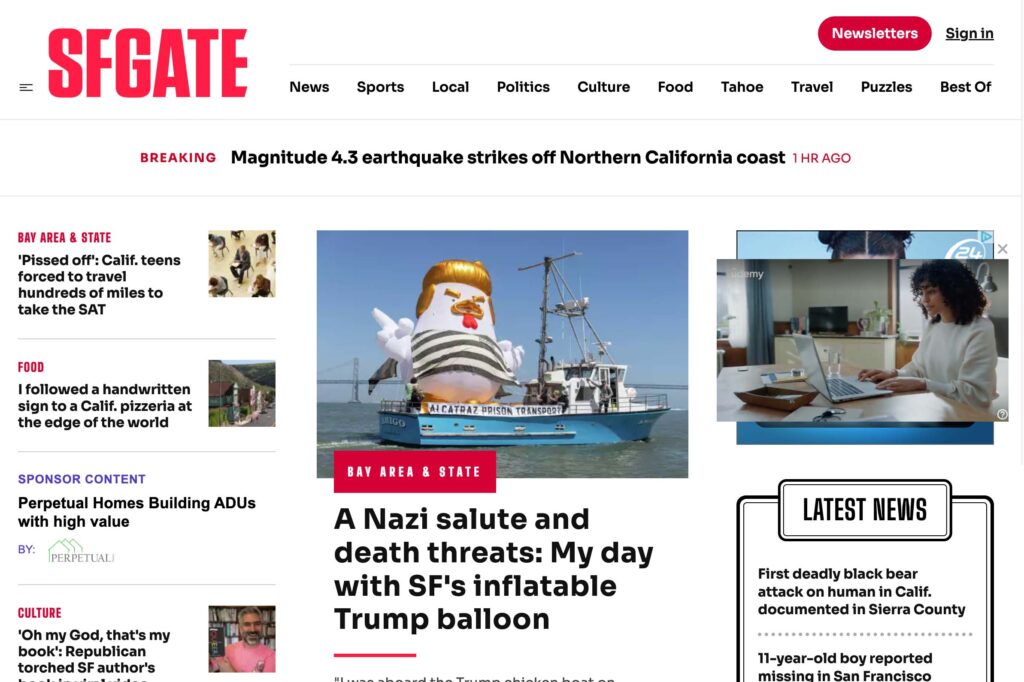 SF Gate homepage with the chicken story as the lead article